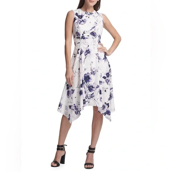 EUC DKNY White & Purple Floral Handkerchief Hem Fit-&-Flare Dress - Picture 3 of 16
